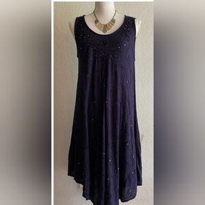 Sleeveless Beaded Asymmetrical Swing Dress - Deep Blue Large XL